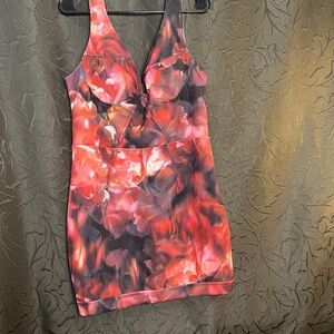 Elegant Floral Scuba Dress - Red and Black